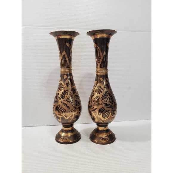 brass vase pair vintage brass vase set bud vases flower vase table centerpiece - Picture 1 of 10